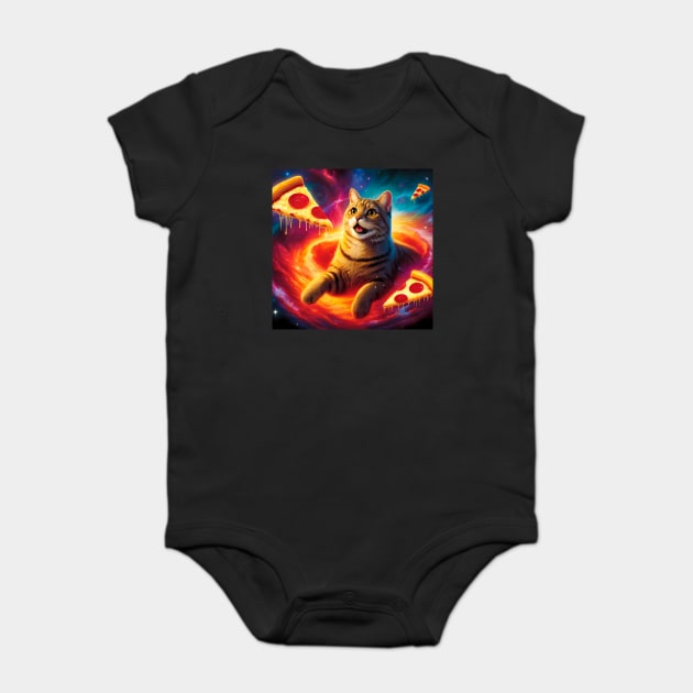 Cat with Pizza in Space, Funny Pizza Lover Baby Bodysuit by logiamerch